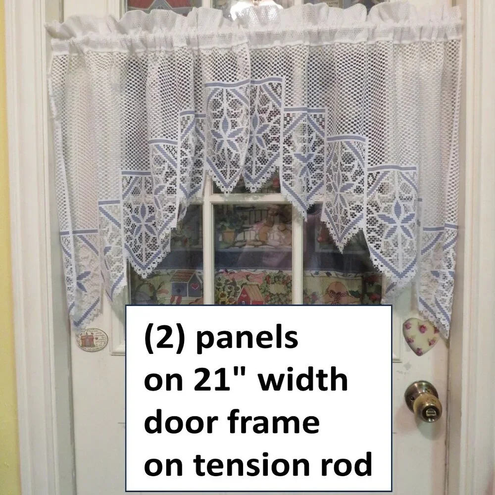 vintage white lace swag valance with a blue pattern & triangle edge